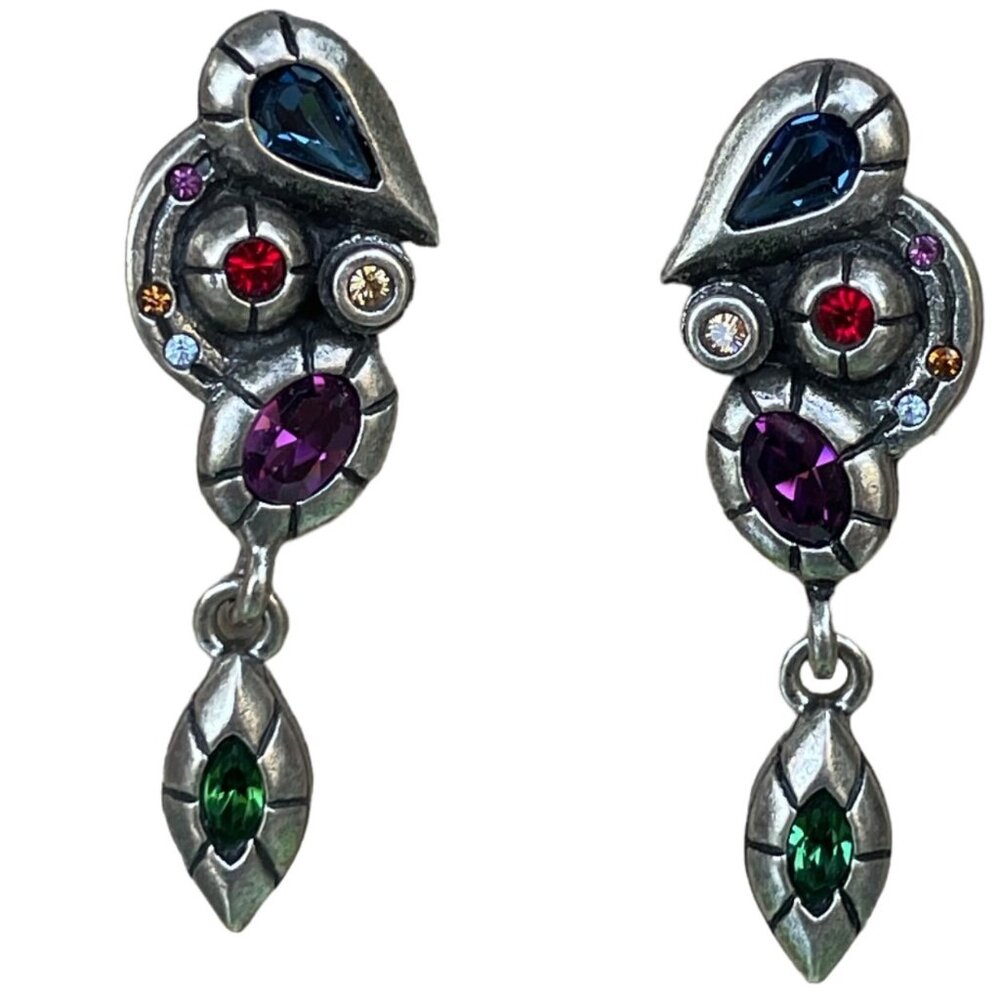 Patricia Locke Multi Crystal Dangle Earrings Silver-Tone Metal Vintage